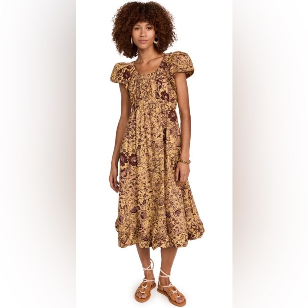 ULLA JOHNSON
Nanette Fit-&-Flare Puff-Sleeve Midi Dress In Amber NWT